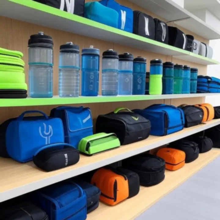 Zestaw akcesoriów sportowych, w tym bidony, opaski i torby treningowe.