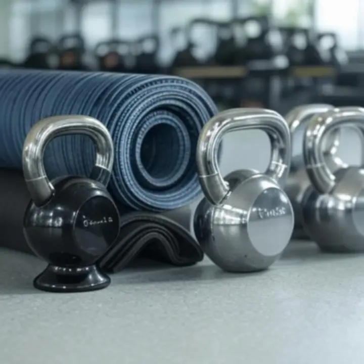 Zestaw polecanego sprzętu fitness: hantle, mata i akcesoria treningowe