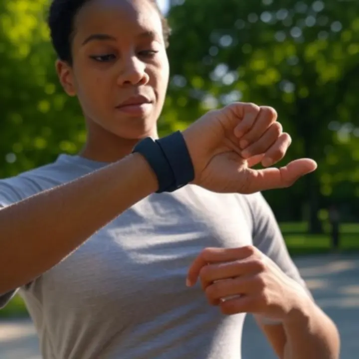 Osoba trenująca z trackerem fitness na nadgarstku.