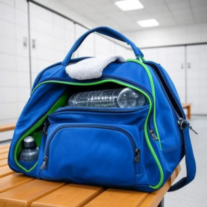 Torba treningowa używana w szatni sportowej.