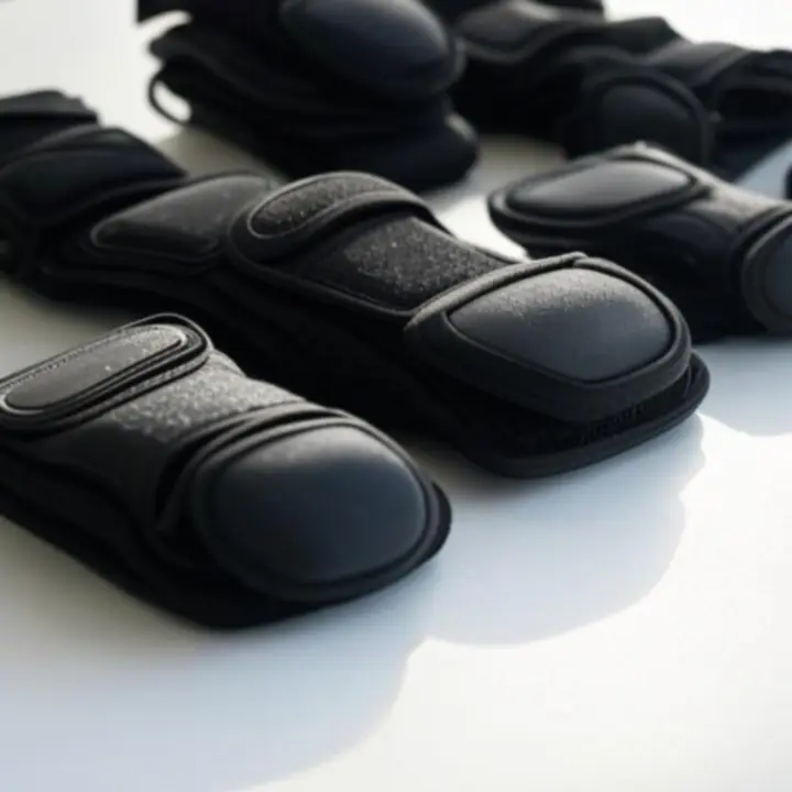 Zestaw ochraniaczy sportowych: nakolanniki, stabilizatory i ochraniacze.